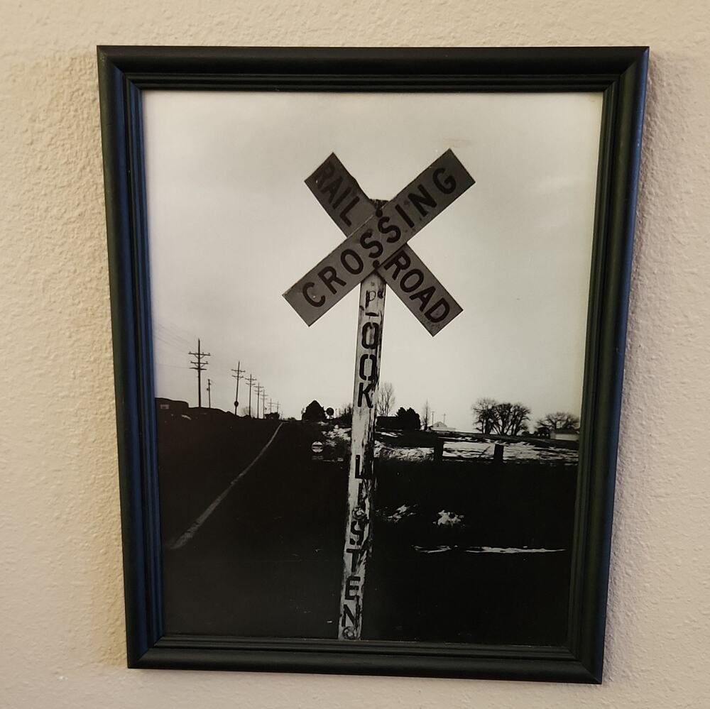 Vintage Black & White Railroad Crossing 11x14 Photo Print – Framed